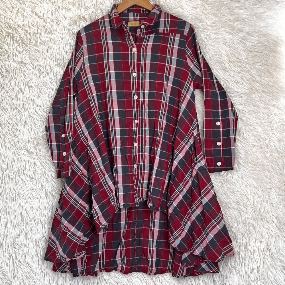 Tulip Brand Tunic Top XS Plaid Oversized Button Up Boho Trapeze Lagenlook Lulu